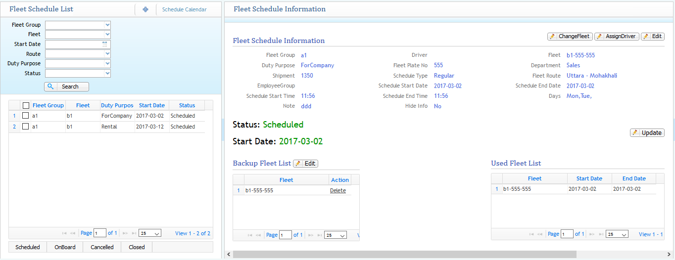 Fleet Schedule List